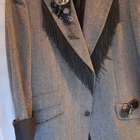 Bonnardi Women's Suit Jacket Blazer Gray Herringbone Fringes Embellished M New - Picture 3 of 9